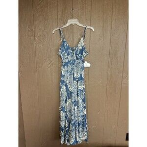 NWT Angie Floral Blue Ivory Keyhole Peek A Boo Tiered Maxi Dress Size Large Boho